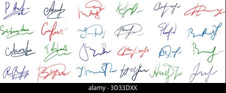Handgezeichnete gefälschte Unterschriftenvorlagen. Geschmiedetes Autogramm in verschiedenen Stilen. Stock Vektor