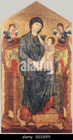 DUCCIO di Buoninsegna (* ca. 1255, Siena, d. 1319, Siena) Maest? 1280er Jahre Tempera auf Holz, 218 x 118 cm Chiesa dei Servi, Bologna bemalt mit Cimabue. Der Bologna-Altar und die Gualino-Madonna antizipieren die Fertigkeit, die Duccio bei der Modifizierung der Eigenschaften seines Lehrers zeigen sollte, wodurch die überscharfen Kontraste von Linie und Farbe weicher werden. --- Schlüsselwörter: ----------------- Autor: DUCCIO di Buoninsegna Titel: Maest? Zeitlinie: 1301-1350 Schule: Italienisch Form: Malerei Art: Religiös Stockfoto