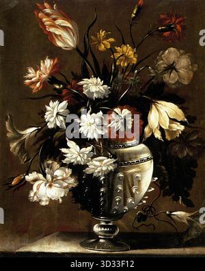 D?AZ, Diego valent?n (*1586, Valladolid, d. 1680, Valladolid) Blumenvase ca. 1650 Öl auf Leinwand, 48 x 39 cm Museo Diocesano y Catedralicio, Valladolid die spanischen Blumenstücke der Periode hangen ursprünglich in einem religiösen Kontext. Sie fungierten als Ersatz für echte Blumen, die im 17. Jahrhundert die Altare von Kirchen und Kapellen schmückten, wie sie es heute tun. Es ist daher nicht überraschend, dass Blumenstücke vieler bedeutender spanischer Blumenmaler, darunter Juan de Arellano, Bartolome Perez und Pedro de Camprob?n, als ursprünglich dekoriert dokumentiert wurden Stockfoto