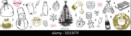 Wunderbares Vintage-Skizzen-Set für Weihnachten. Handgezeichneter Weihnachtsbaum, Kekse, Lebkuchen, Schneeflocken, Schneemann, Champagner und Bögen im Doodle-Stil Stock Vektor