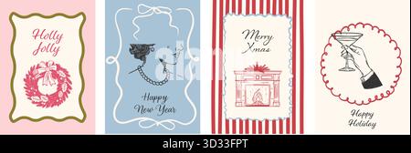 Set handgezeichneter Karteikarten „Frohe Weihnachten“ und „Neujahr“ im skurrilen Vintage-Stil. Retro-Sketch-Poster mit Weihnachtskranz, elegante Dame, gemütliches Feuerzeichen Stock Vektor