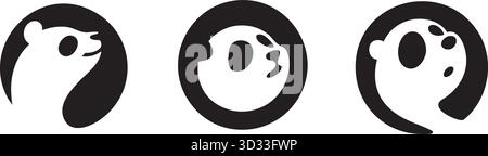 Drei einfromatische Tiergesichtslogos - minimalistisches Schwarz- und Weißbär-, Panda- und Meerkat-/Weasel-Vektorset Stock Vektor
