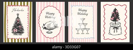 Handgezeichnete, farbige Weihnachtskarten im trendigen Coquette-Stil. Set von Urlaubsposter mit verspieltem Baum mit Bögen, Urlaub truthahn, Champagnerpyramide Stock Vektor