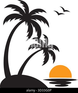 Tropical Sunset Black Silhouette Vector - minimalistische Palmen auf der Insel mit Orange Sun und Flying Birds Graphic Icon Stock Vektor
