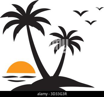 Tropical Island Sunset Silhouette Vektor - Palmen am Strand mit Sonne und fliegenden Möwen Schwarz und Orange minimalistische Grafik Stock Vektor