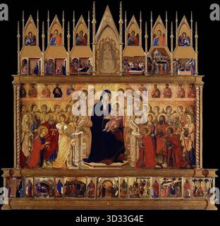 DUCCIO di Buoninsegna (* ca. 1255, Siena, d. 1319, Siena) vermutete Rekonstruktion der Maest? (Vorderseite) - Digitisierte Rekonstruktion von Tafeln - das Bild zeigt eine vermutete Rekonstruktion der Vorderseite von Duccios Maest? Mit Predella, Zinnen und Rahmenelementen. Die digitalisierte Rekonstruktion stammt von Lew Minter. --- Schlüsselwörter: ----------------- Autor: DUCCIO di Buoninsegna Titel: Vermutung der Maest? (Vorne) Zeitlinie: 1301-1350 Schule: Italienisch Form: Malerei Typ: Religiös Stockfoto