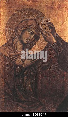 DUCCIO di Buoninsegna (* ca. 1255, Siena, d. 1319, Siena) Krönung der Jungfrau 1308-11 Tempera auf Holz, 51,5 x 32 cm SZ?pm?V?szeti M?zeum, Budapest Dies ist ein Fragment der Platte des zentralen Giebel des Maest?. --- Schlüsselwörter: ----------------- Autor: DUCCIO di Buoninsegna Titel: Krönung der Jungfrau Zeitlinie: 1301-1350 Schule: Italienisch Form: Malerei Art: Religiös Stockfoto
