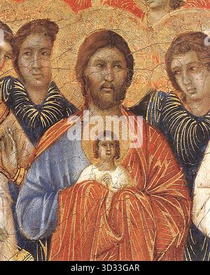DUCCIO di Buoninsegna (* ca. 1255, Siena, d. 1319, Siena) Tod der Jungfrau (Detail) 1308-11 Tempera auf Holz Museo dell'Opera del Duomo, Siena Christus hält die Aniula hoch, die Seele Marias, die gerade gestorben ist. --- Schlüsselwörter: ----------------- Autor: DUCCIO di Buoninsegna Titel: Tod der Jungfrau (Detail) Zeitlinie: 1301-1350 Schule: Italienisch Form: Malerei Art: Religiös Stockfoto