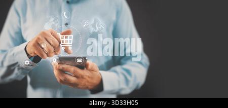 Online-Shopping. Mann mit Smartphone, fliegenden Ikonen, E-Commerce-Konzept Stockfoto
