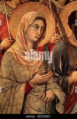 DUCCIO di Buoninsegna (* ca. 1255, Siena, d. 1319, Siena) Maest? (Detail) 1308-11 Tempera auf Holz Museo dell'Opera del Duomo, Siena dieses Detail zeigt die hl. Katharina von Alexandria auf der linken Seite des Maest?. --- Schlüsselwörter: ----------------- Autor: DUCCIO di Buoninsegna Titel: Maest? (Detail) Zeitlinie: 1301-1350 Schule: Italienisch Form: Malerei Typ: Religiös Stockfoto