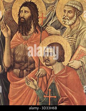 DUCCIO di Buoninsegna (* ca. 1255, Siena, d. 1319, Siena) Maest? (Detail) 1308-11 Tempera auf Holz, 79 x 65 cm (Detailgröße) Museo dell'Opera del Duomo, Siena das Detail repräsentiert den Heiligen Viktor, einen der Schutzheiligen von Siena. --- Schlüsselwörter: ----------------- Autor: DUCCIO di Buoninsegna Titel: Maest? (Detail) Zeitlinie: 1301-1350 Schule: Italienisch Form: Malerei Typ: Religiös Stockfoto