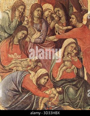 DUCCIO di Buoninsegna (* ca. 1255, Siena, d. 1319, Siena) Schlachten der Unschuldigen (Detail) 1308-11 Tempera auf Holz Museo dell'Opera del Duomo, Siena die Verzweiflung der weinenden Mütter, die eine animierte Gruppe bilden, wird dramatisch vermittelt. --- Schlüsselwörter: ----------------- Autor: DUCCIO di Buoninsegna Titel: Schlachten der Unschuldigen (Detail) Zeitlinie: 1301-1350 Schule: Italienisch Form: Malerei Art: Religiös Stockfoto
