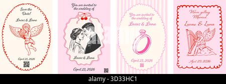 Hochzeitseinladungen mit Vintage-Coquette. Handgezeichnete skurrile Rahmen mit Bögen, romantischen Cupiden, Ring und liebevollem Paar. Skizzenstil mit Tintenkritzelung Stock Vektor