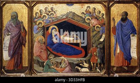DUCCIO di Buoninsegna (* ca. 1255, Siena, d. 1319, Siena) die Geburt zwischen den Propheten Jesaja und Hesekiel 1308-11 Tempera on Wood National Gallery of Art, Washington die Geburt von der vorderen Predella behält ihren ursprünglichen Rahmen. --- Schlüsselwörter: ----------------- Autor: DUCCIO di Buoninsegna Titel: Die Geburt zwischen den Propheten Jesaja und Ezekiel Zeitlinie: 1301-1350 Schule: Italienisch Form: Malerei Typ: Religiös Stockfoto