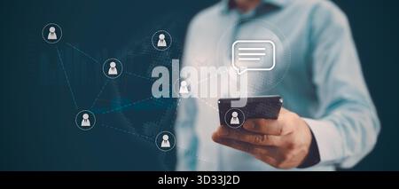 Internationale Geschäfte. Corporation Community, Remote Working Team Konzept mit Geschäftsmann in Hemd und Ikonen Stockfoto