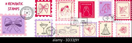 Valentinstag-Briefmarken im skurrilen romantischen Stil. Handgezeichnete Stempel, Liebesbriefaufkleber und Doodle-Etiketten mit Bögen, Herzen, Cupiden und Hochzeitseleme Stock Vektor