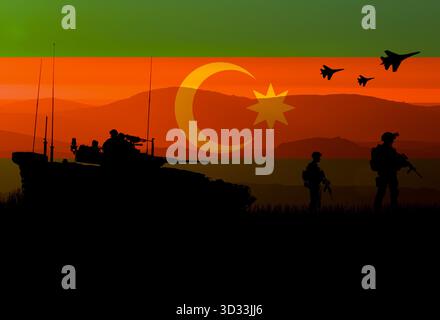 Konzeptuelles Bild des Krieges zwischen Russland und Aserbaidschan, mit Flagge und Silhouette Stockfoto