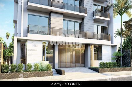 3D-Rendering eines Wohngebäudes im Außenbereich. Moderne Hausvisualisierung für Immobilienzwecke. Stockfoto