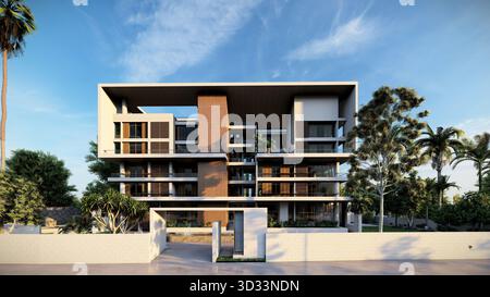 3D-Rendering eines Wohngebäudes im Außenbereich. Moderne Hausvisualisierung für Immobilienzwecke. Stockfoto
