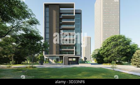 3D-Rendering eines Wohngebäudes im Außenbereich. Moderne Hausvisualisierung für Immobilienzwecke. Stockfoto