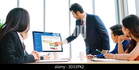 Projektplanungssoftware für modisches Business-Projektmanagement auf dem Computerbildschirm, der das Timeline-Diagramm des Team-Projekts zeigt Stockfoto