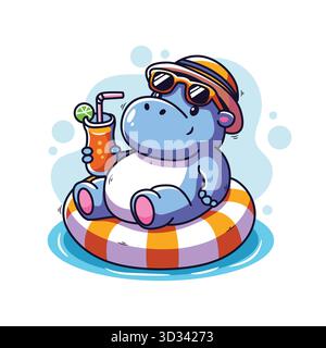 Niedliches blaues Hippo entspannend auf gestreiftem Pool Float mit Sonnenbrille und Getränk – skurrile Vektor-Illustration für Sommer- und Urlaubsthemen Stockfoto