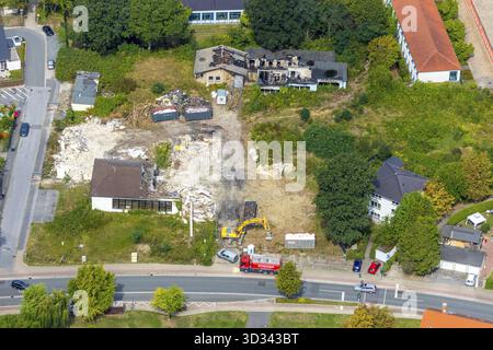 Luftaufnahme, Zusammenfassung des ehemaligen, abgebrannten Kindergartens Elsa Brandstroemstrasse, Bergkamen, Ruhrgebiet, Nordrhein-Westfalen, Deutschland, DE, Europa, Stockfoto