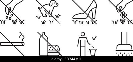 Symbolsatz für Rasen mit schwarzer Linie. Klassische Schilder für Parks und Gärten. Lineare Vektorsymbole, die permissiv und unerschwinglich sind. Piktogrammbündel für Schwarzweiß-Konturen, Stock Vektor