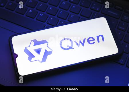 In dieser Abbildung wird das Qwen-Logo (Alibaba) auf einem Smartphone-Bildschirm angezeigt Stockfoto