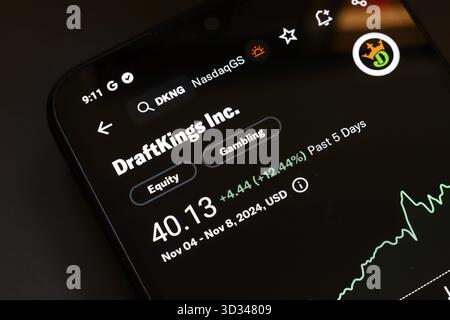 November 2024, Brasilien. In dieser Fotoabbildung wird der Börsenmarkt von DraftKings auf einem Smartphone-Bildschirm angezeigt Stockfoto