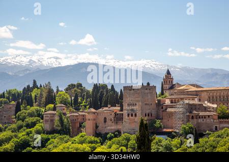 Blick vom Mirador de San Nicolas für den besten Blick auf die Skyline von Granada auf den Alhambra-Palast mit den Bergen der Sierra de Navarra Spanien dahinter Stockfoto
