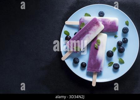 Joghurt und Blaubeeren Eis am Stiel auf Teller, Essen-Hintergrund Stockfoto
