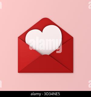 Love Letter Concepts unbeschriftete weiße herzförmige Papierkarte in rotem Umschlag isoliert auf hellrosa pastellfarbenem Hintergrund minimales konzeptionelles 3D-Rendering Stockfoto