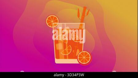 Highball-Glas auf Gradient mit Eiswürfeln, Zitrusscheiben, Zimtstangen und orangen Rädern Stockfoto