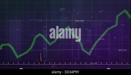 Anzeigen eines grünen Liniendiagramms zur Verfolgung von Schwankungen im Marktdiagramm mit numerischen Bezeichnungen und 3D-Achsen Stockfoto