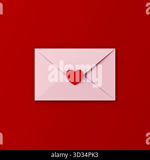 Love Letter Concepts weißer Umschlag mit rotem Love Heart Aufkleber isoliert auf dunkelrotem Hintergrund mit Schatten minimal konzeptuell für Valentinstag 3D r Stockfoto