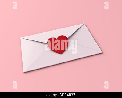 3D Love Letter Sign Symbol Konzept weißer Umschlag mit rotem Love Heart Aufkleber isoliert auf rosa Pastellfarbe Hintergrund mit Schatten minimalem Konzept Stockfoto