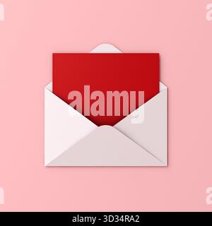 Leere rote Papierkarte in weißem Umschlag isoliert auf rosa pastellfarbenen Hintergrund mit Schatten Love Letter minimales konzeptionelles 3D-Rendering Stockfoto