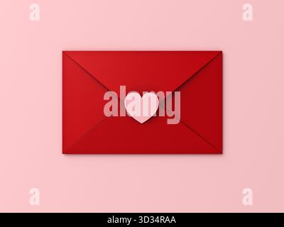 Love Letter Konzept roter Umschlag mit rosa Love Heart Aufkleber isoliert auf rosa Pastellfarbe Hintergrund mit Schatten minimal konzeptuell für Valentinstag d Stockfoto