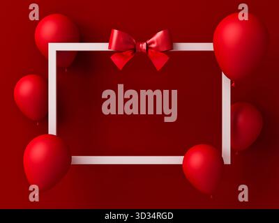 Leerer weißer Geschenkkartonrahmen mit roter Schleife und schwimmenden roten Ballons über dunkelrotem Wandhintergrund mit minimalem Konzept-3D-Rendering von Schatten Stockfoto