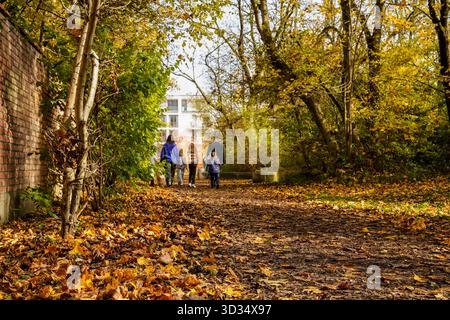 Die Familie genießt während der Herbstsaison Einen gemütlichen Spaziergang entlang Eines Pfades, der mit bunten gefallenen Blättern bedeckt ist Stockfoto