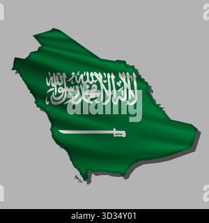Schwenkende abstrakte Vektorflagge Saudi-Arabiens in Kartenform mit Schatten Stock Vektor
