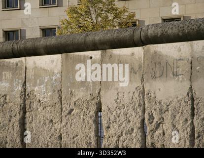 Berliner Mauer, Deutschland. Der Bau begann am 13. August 1961 und fiel am 9. November 1989. Die Regierung der Deutschen Demokratischen Republik (DDR) baute diese über 150 km lange Barriere, um Ost-Berlin vollständig von der übrigen DDR zu isolieren. Abschnitt der Mauer an der Niederkirchnerstraße, 1990 als historisches Denkmal ausgewiesen. Es gehört zur Sammlung historischer Überreste des Zentrums für die Topographie des Terrors. Alle Spuren der Zerstörung sind entlang der 200 Meter langen Mauer erhalten geblieben, die die Grenze zwischen den Mauer markierte Stockfoto