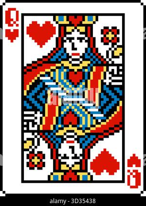 Pixel Art Queen of Hearts Spielkartendesign Stock Vektor