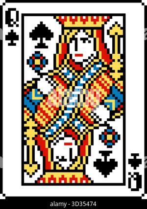 Pixel Art Pik-Königin Spielkartendesign Stock Vektor