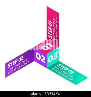 3D-Cube-Infografik mit drei Schritten für die Geschäfts- und Datenpräsentation. Drei farbenfrohe Ebenen für Business-, Workflow- oder Prozessvisualisierungsvektor Stock Vektor