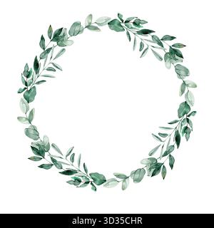 Blumenillustration mit Eukalyptusblättern. Botanischer Kranz in Aquarellfarben für Hochzeits- oder Grußkarten. Stockfoto