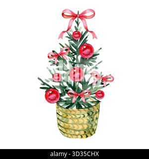 Weihnachtsbaum Aquarell isoliert auf weißem Hintergrund, grüne Weihnachtskiefer Aquarellillustration Stockfoto