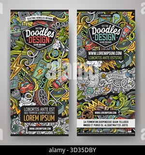 Cartoon nette bunte Vektor Hand gezeichnet Kritzele Elektrofahrzeuge Corporate Identity. 2 vertikale Banner. Vorlagensatz. Alle Objekte sind getrennt Stock Vektor