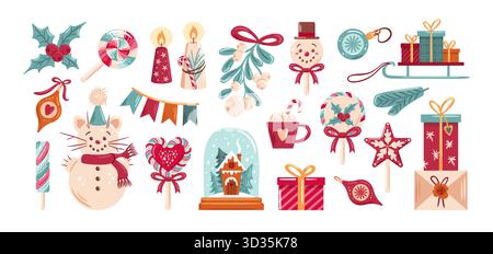 Sammlung von festlichen Illustrationen zum Weihnachtsmotiv, verschiedene Weihnachtselemente. Die Illustrationen sind bunt und skurril und bieten eine Mischung aus Stock Vektor